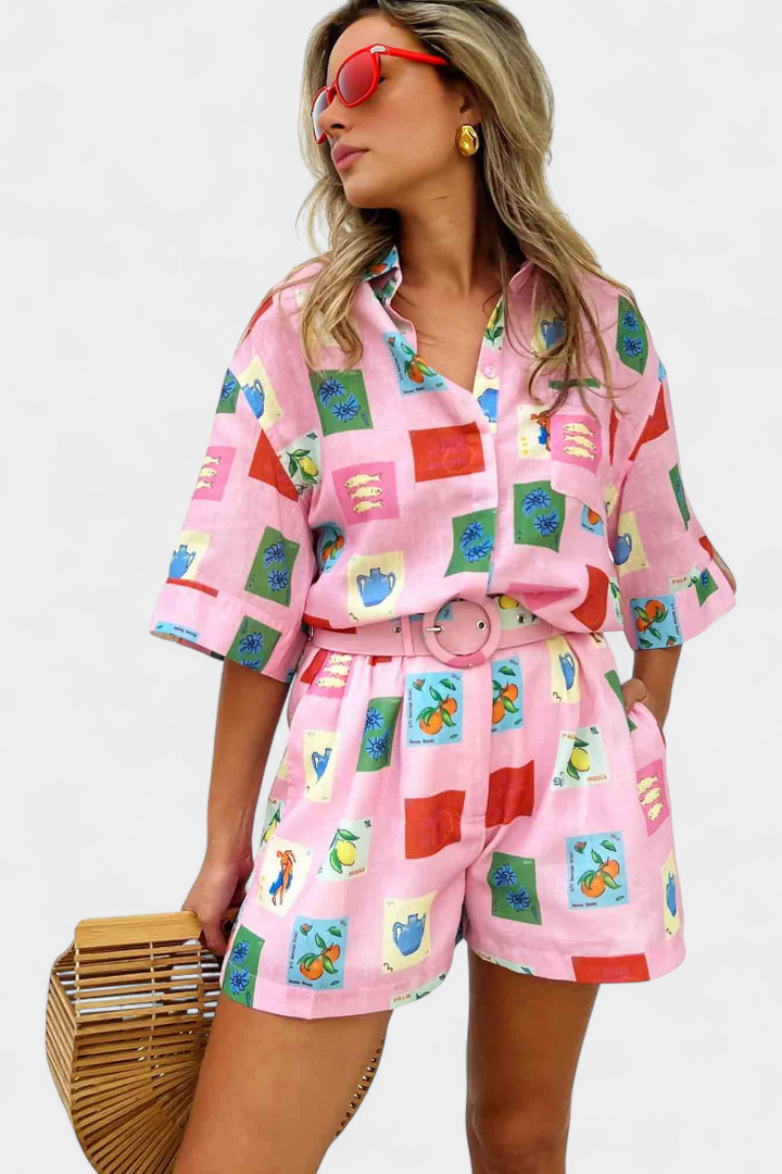 Mariluz Ensemble Chemise et Shorts avec Imprimé Rose