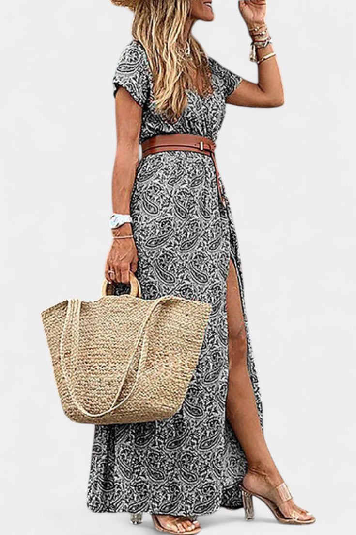 Robe Boho d'Été Anfisa avec Ceinture et Décolleté en V