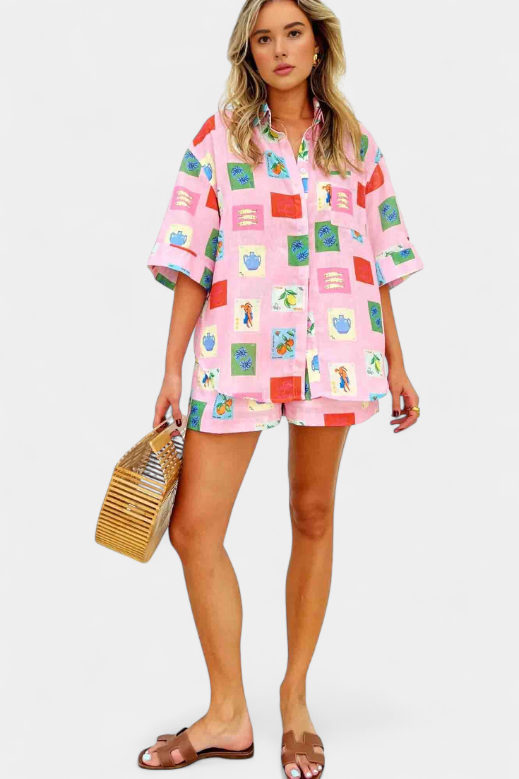 Mariluz Ensemble Chemise et Shorts avec Imprimé Rose