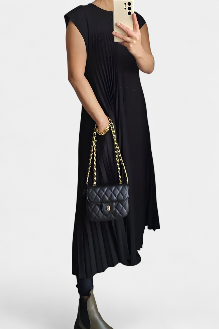 Manuela Robe Sans Manches avec Plis et Taille Haute