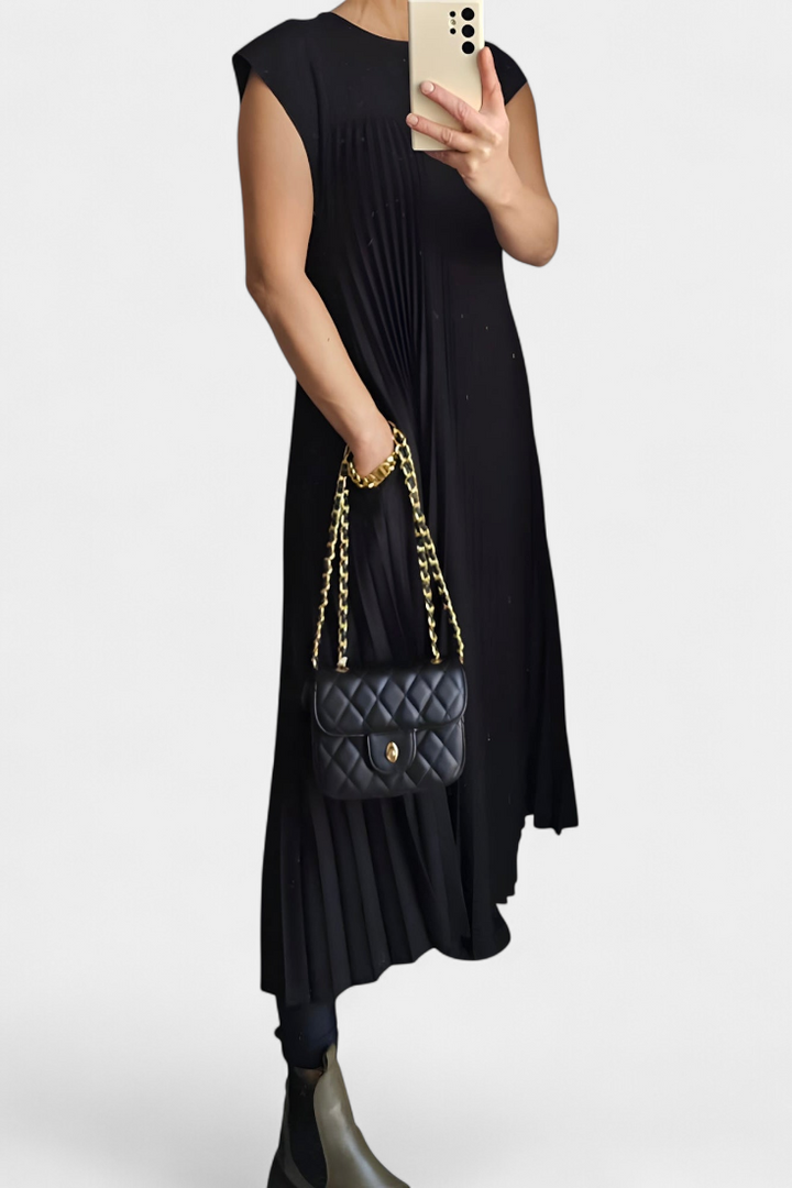 Manuela Robe Sans Manches avec Plis et Taille Haute