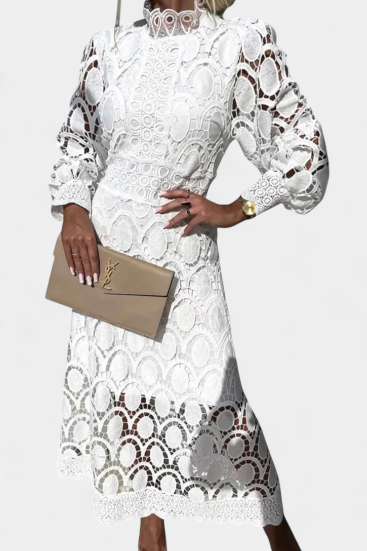 Robe Midi Jovie en Dentelle Brodée avec Col Montant