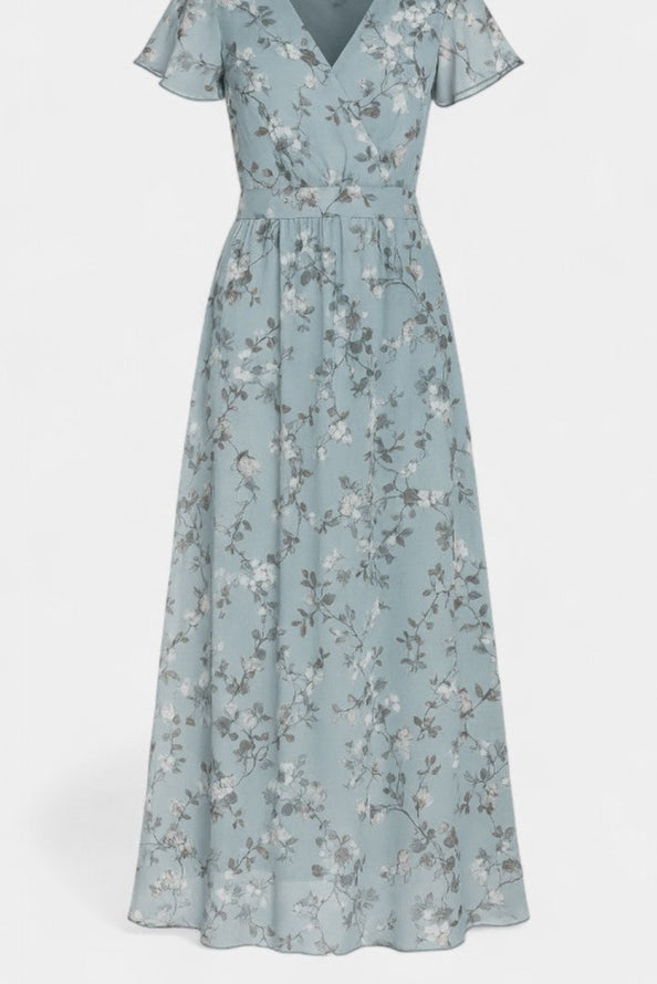 Robe Maxi Florale Amara avec Décolleté en V et Manches Volantes