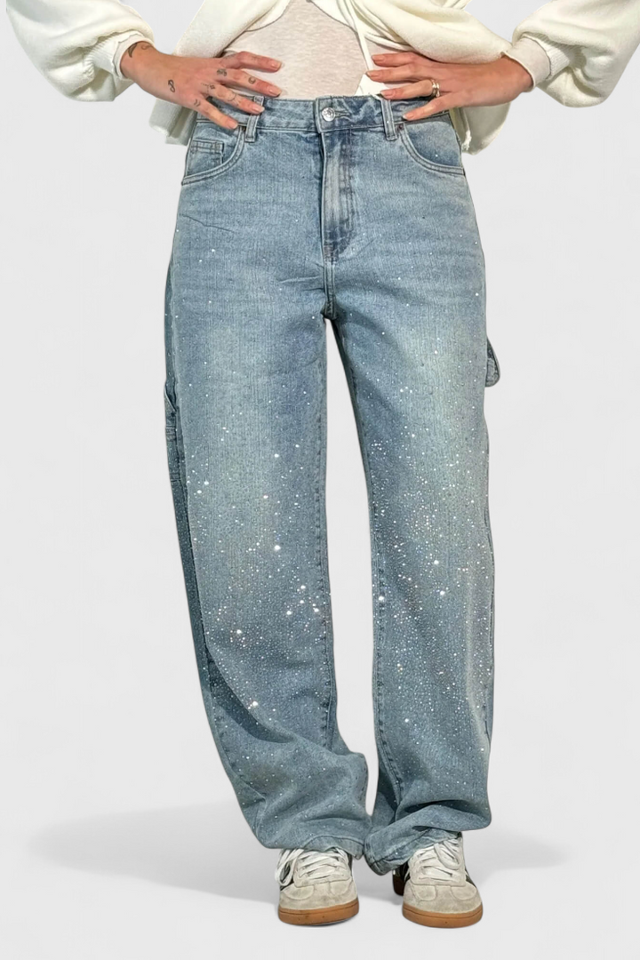 Jeans Cargo Balloon avec Brillant et Applications de Strass