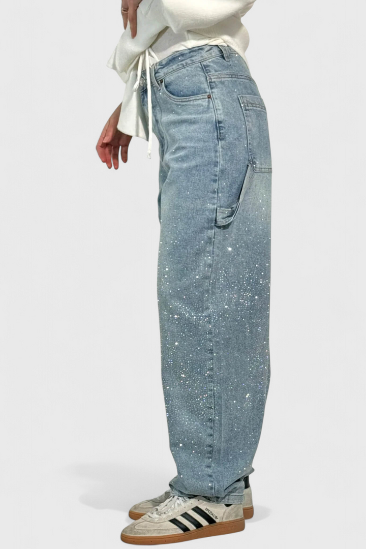 Jeans Cargo Balloon avec Brillant et Applications de Strass