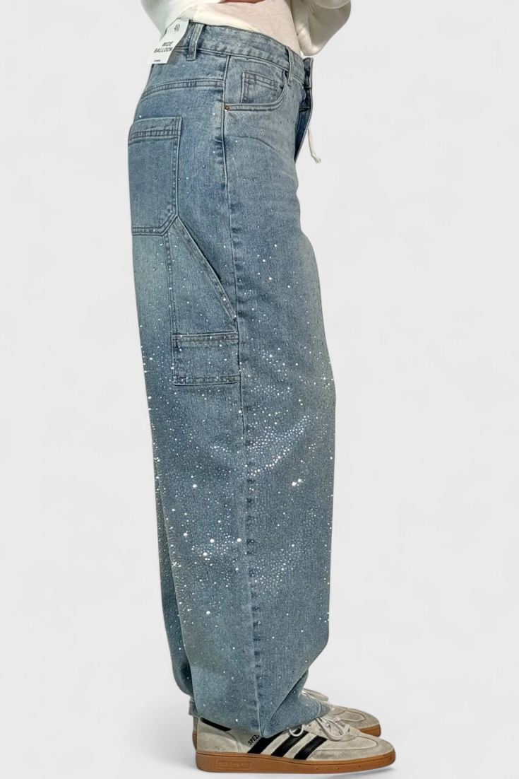 Jeans Cargo Balloon avec Brillant et Applications de Strass