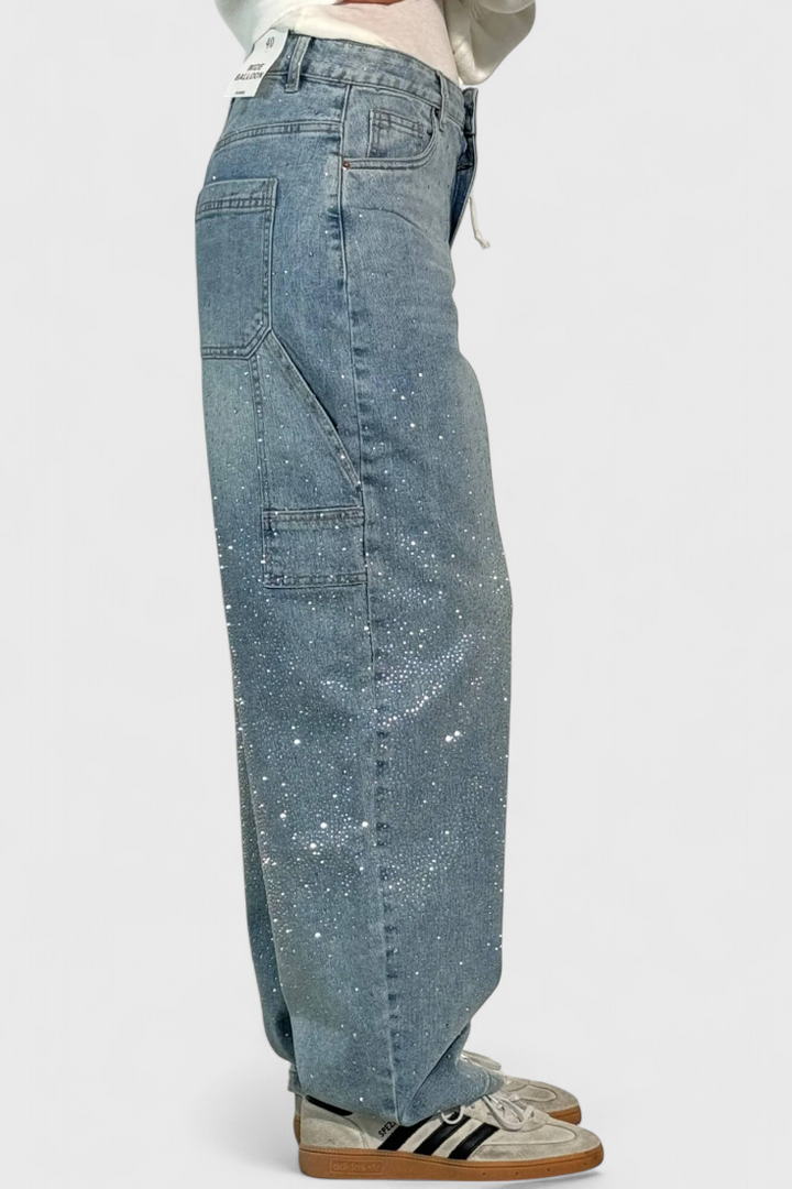 Jeans Cargo Balloon avec Brillant et Applications de Strass