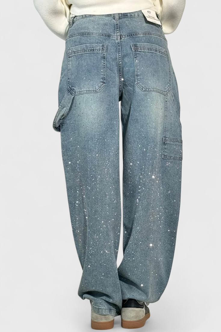 Jeans Cargo Balloon avec Brillant et Applications de Strass
