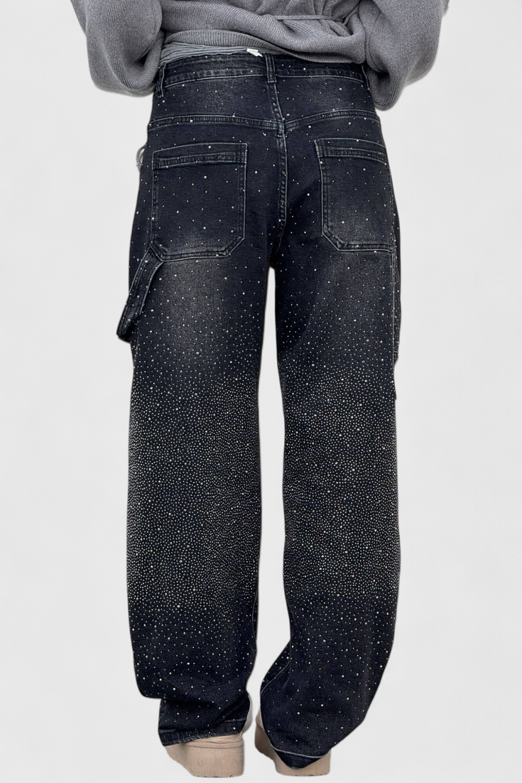 Jeans Cargo Balloon avec Brillant et Applications de Strass