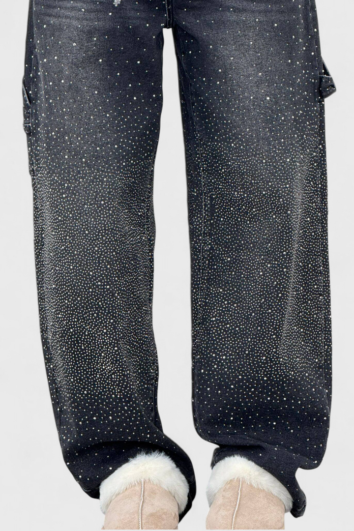 Jeans Cargo Balloon avec Brillant et Applications de Strass
