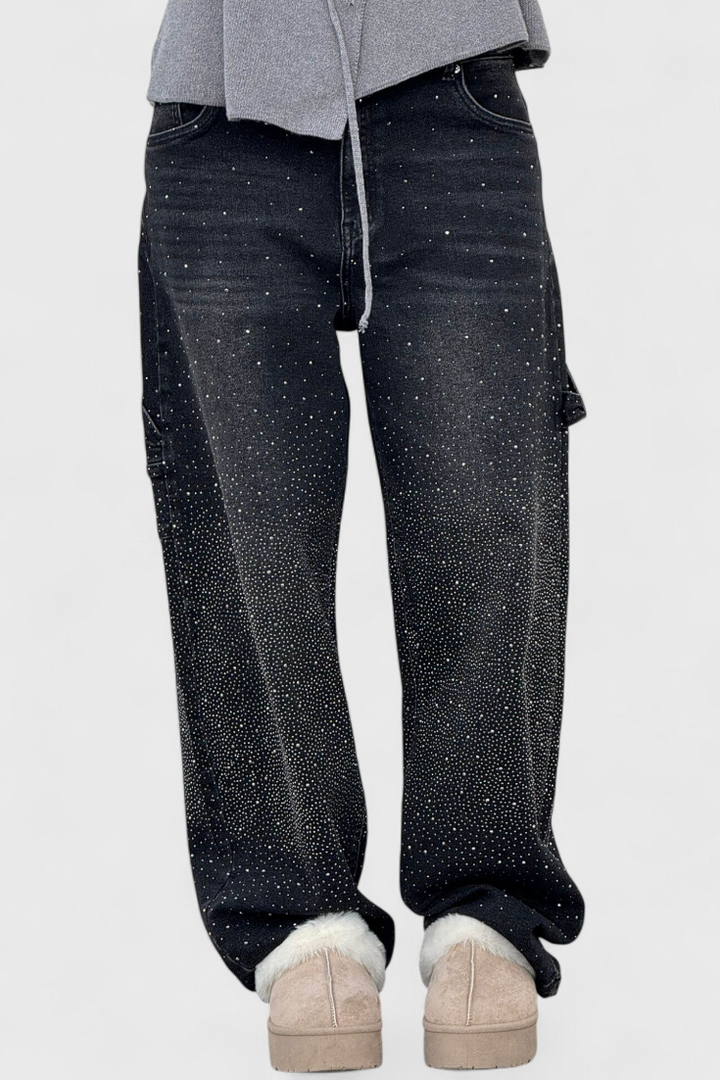 Jeans Cargo Balloon avec Brillant et Applications de Strass