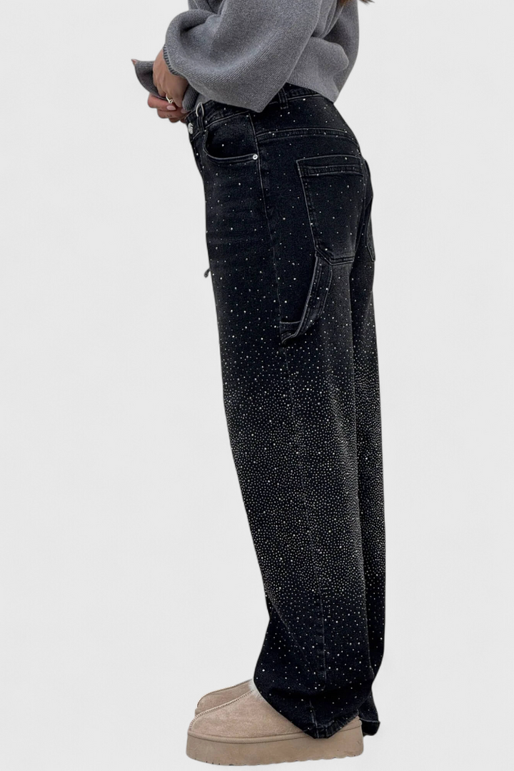 Jeans Cargo Balloon avec Brillant et Applications de Strass