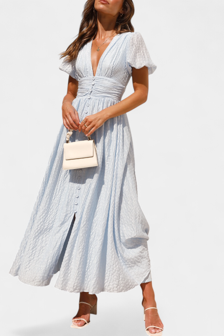 Robe Maxi Mélia avec Décolleté en V et Manches Bouffantes