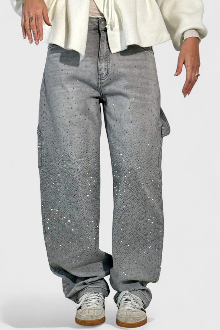 Jeans Cargo Balloon avec Brillant et Applications de Strass