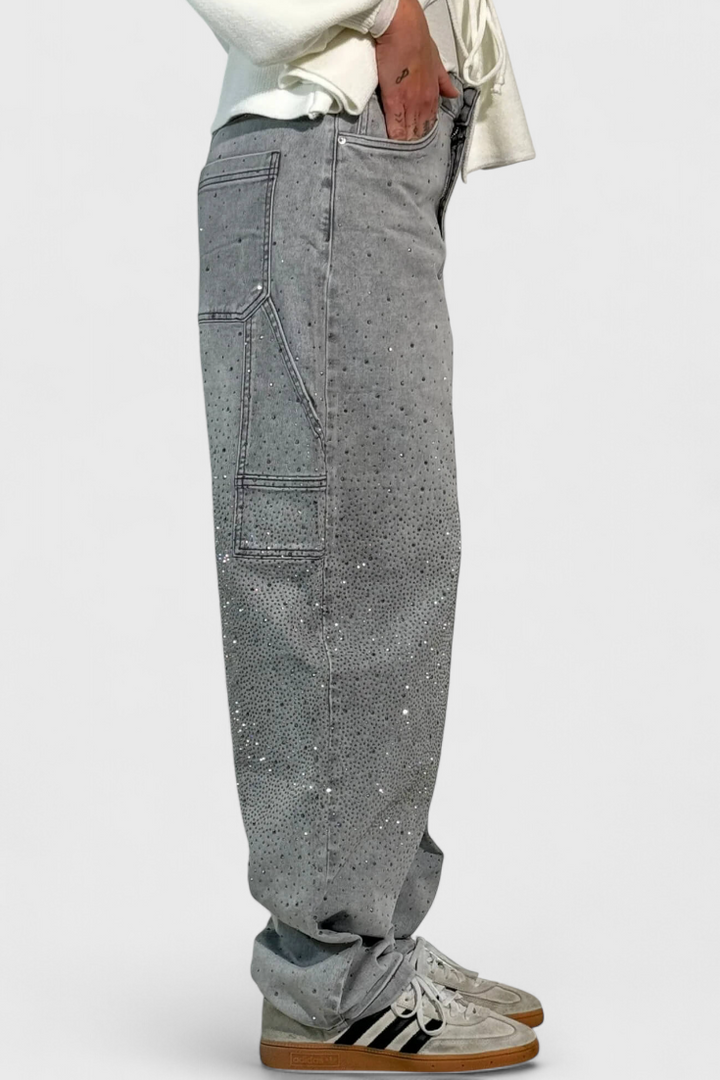 Jeans Cargo Balloon avec Brillant et Applications de Strass