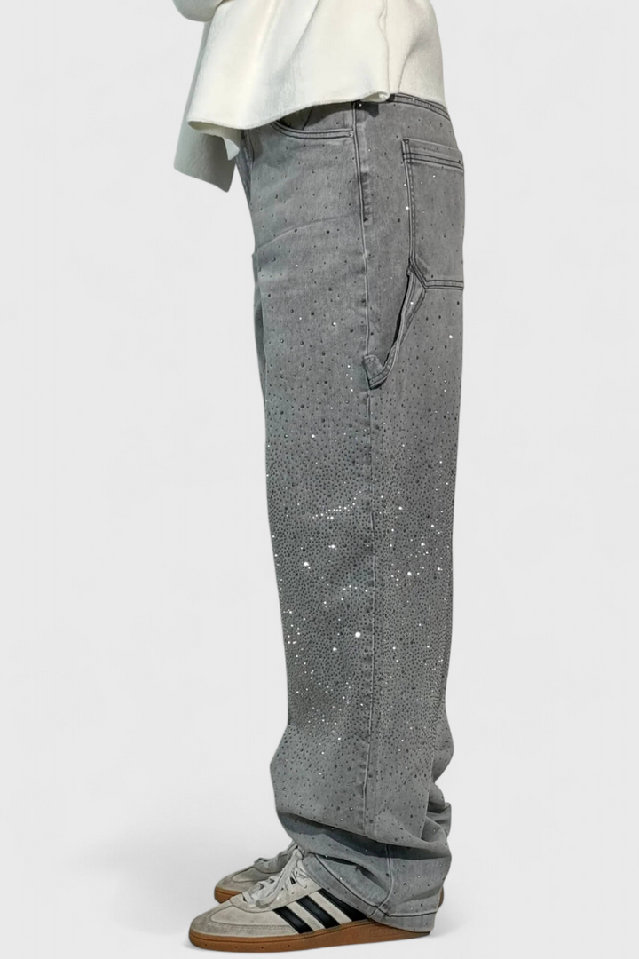 Jeans Cargo Balloon avec Brillant et Applications de Strass