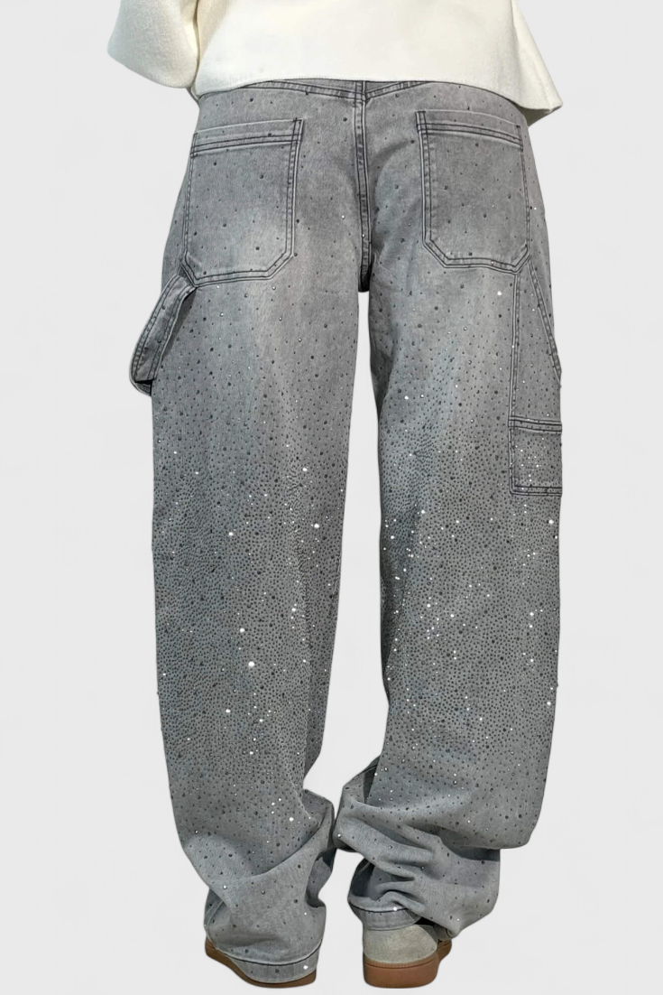 Jeans Cargo Balloon avec Brillant et Applications de Strass