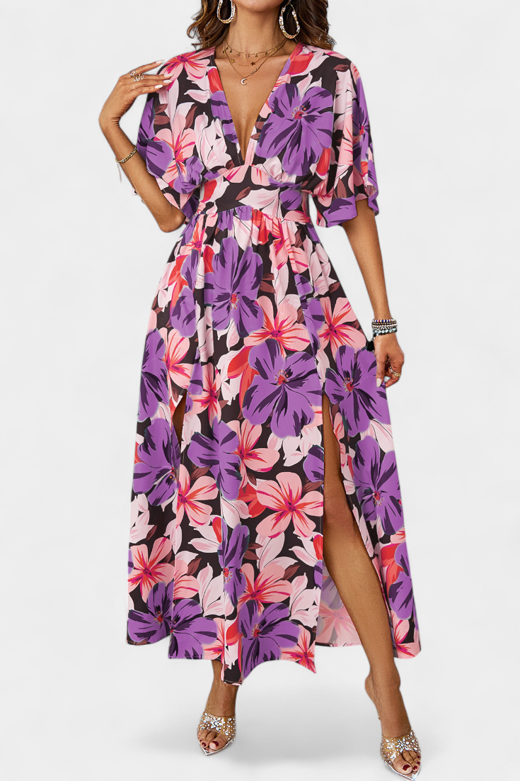 Robe Julie Longue avec Imprimé Floral et Décolleté Croisé