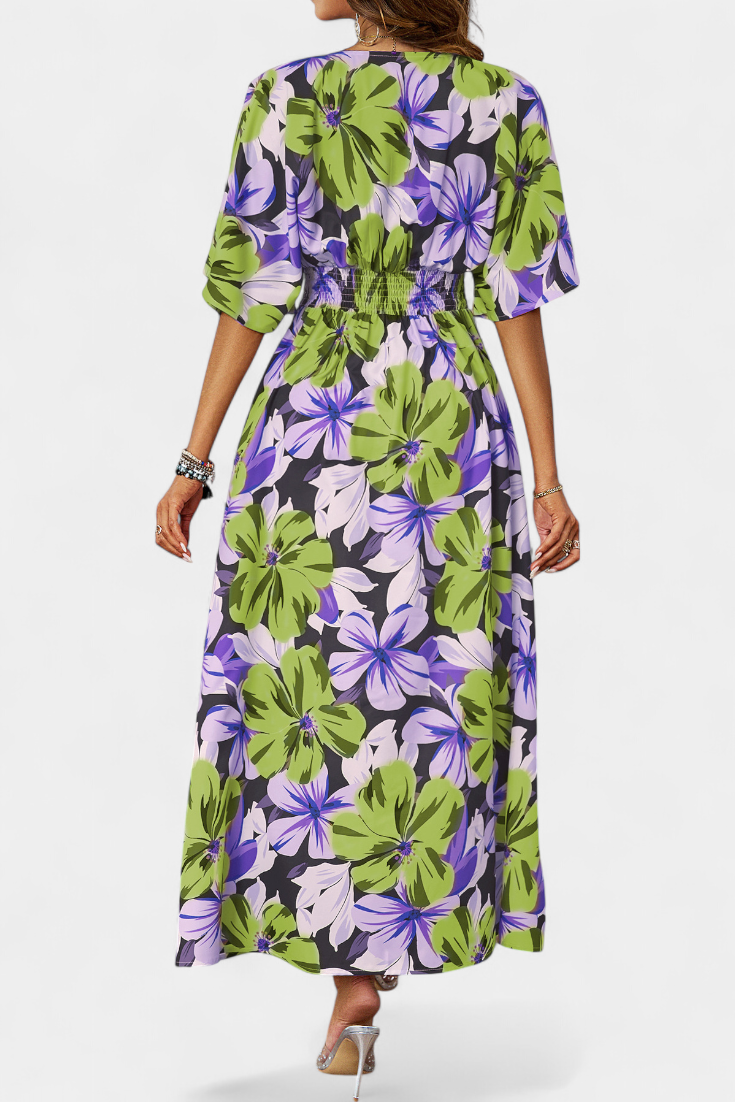 Robe Julie Longue avec Imprimé Floral et Décolleté Croisé