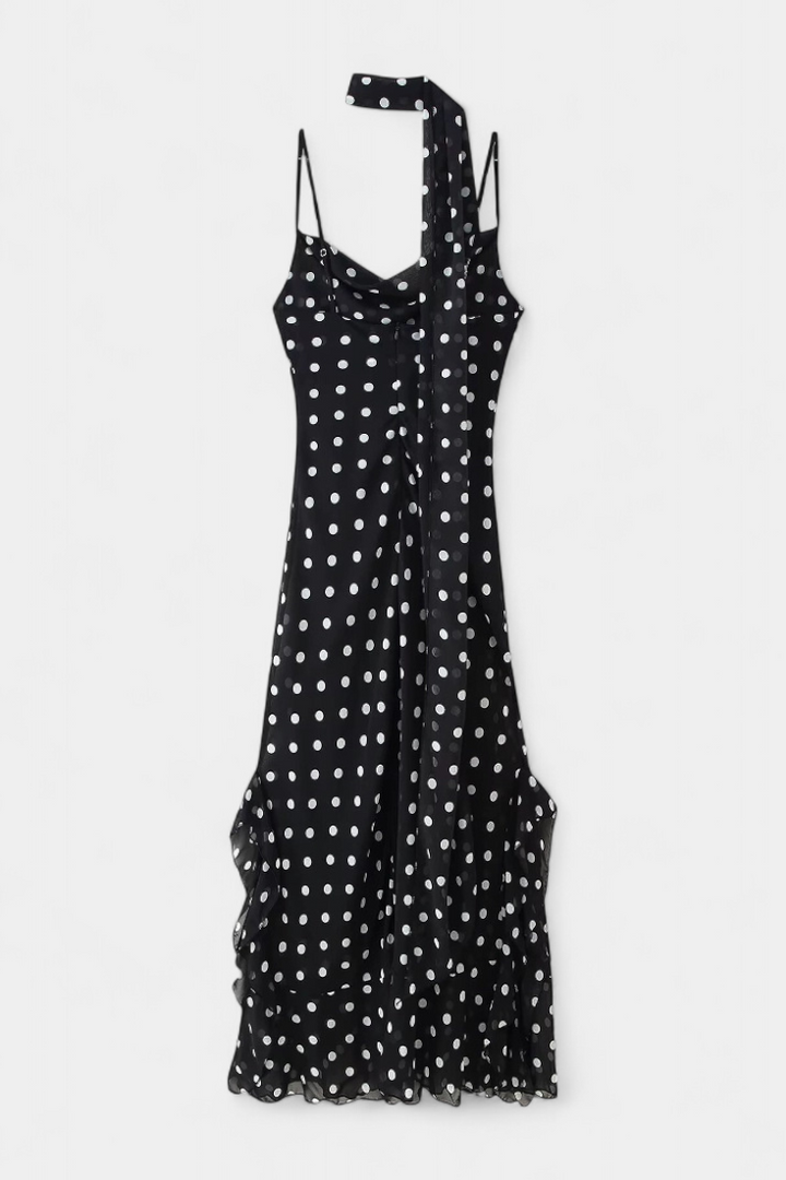 Estefanía Robe en Gaze avec Volants et Pois en Noir et Crème
