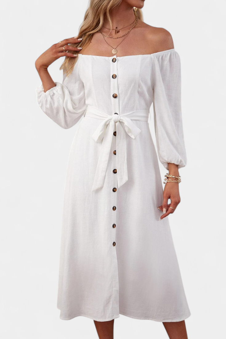 Robe Leonor à Épaules Dégagées avec Boutons et Nœud Frontal