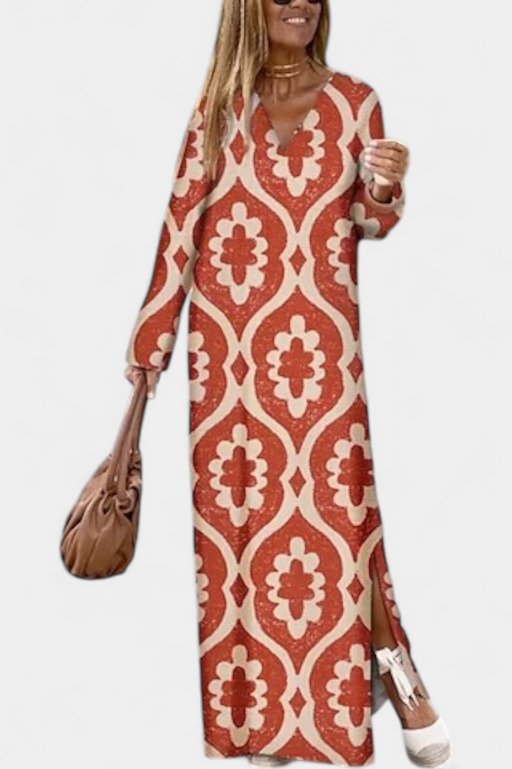 Robe Longue Géométrique Brisa avec Fente et Décolleté en V