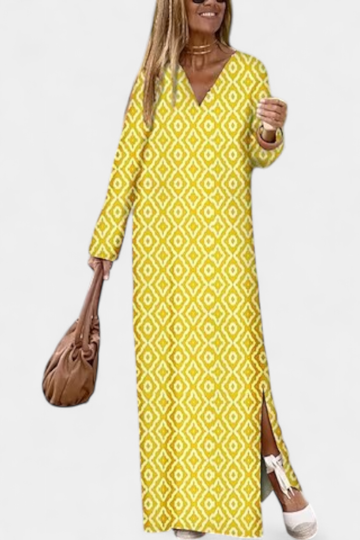 Robe Longue Géométrique Brisa avec Fente et Décolleté en V