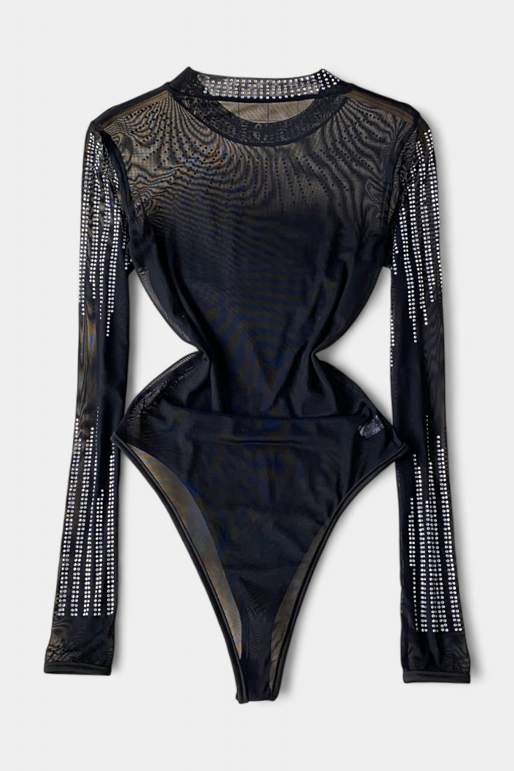 Body Antonella en Maille Transparente avec Manches Longues et Brillants
