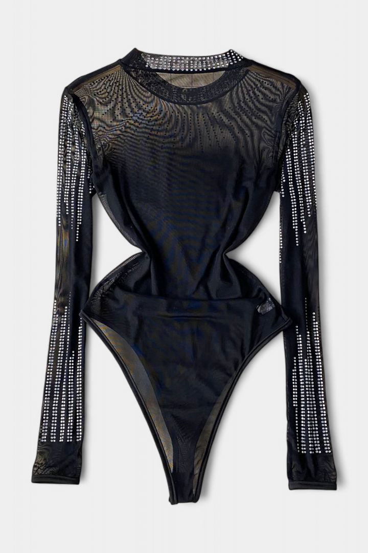 Body Antonella en Maille Transparente avec Manches Longues et Brillants