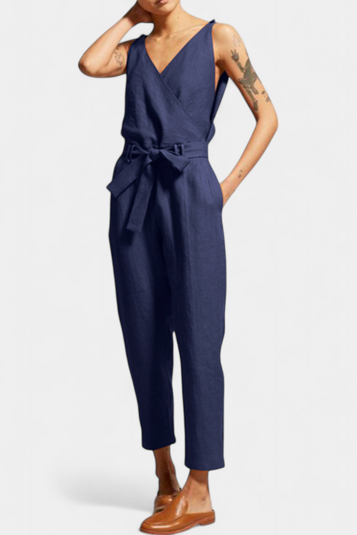 Maggie Mono Sans Manches avec Décolleté en V et Ceinture Croisée en Coton