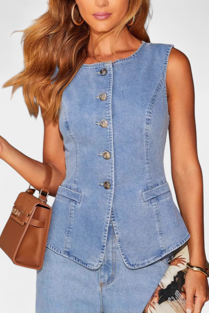 Ludovica Ensemble en Denim avec Gilet Ajusté et Jeans à Jambes Larges