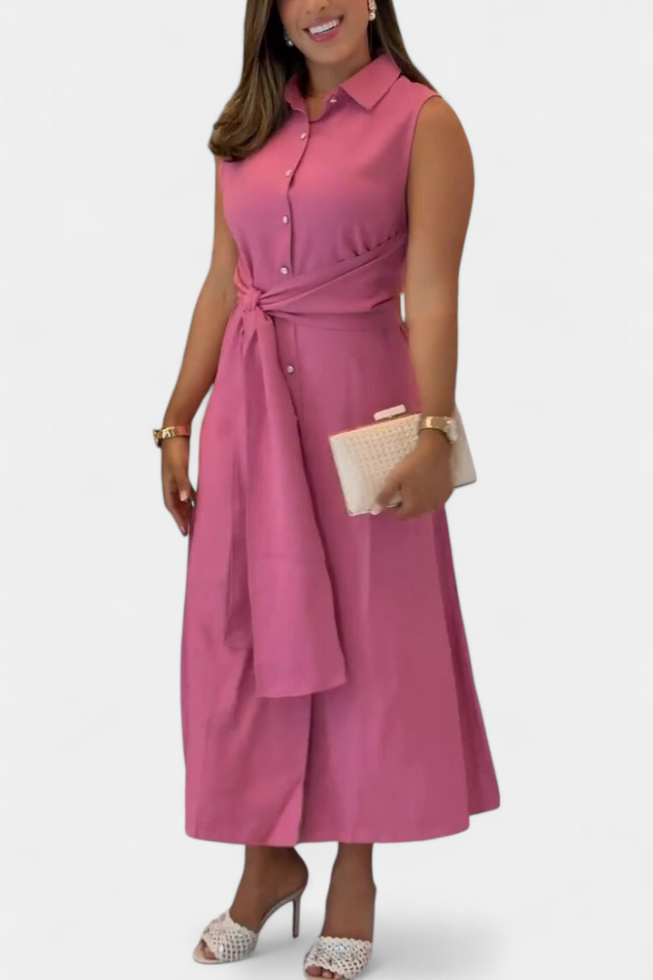 Behnaz Robe Élégante Sans Manches avec Ceinture et Col Chemise