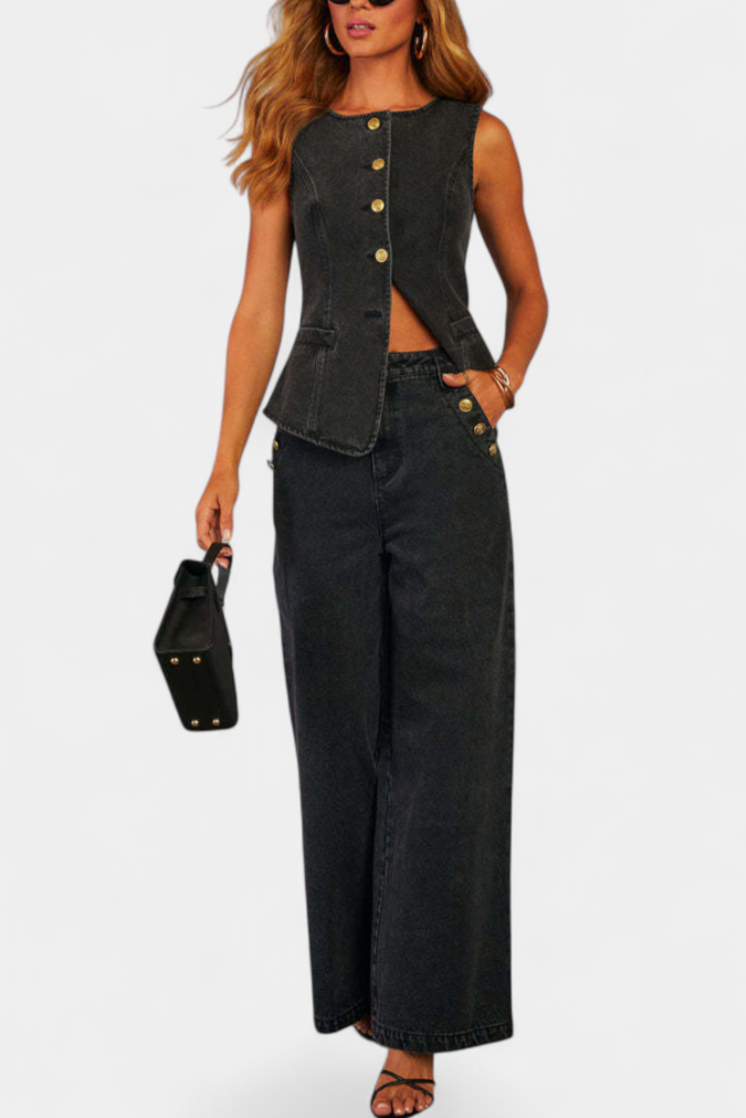 Ludovica Ensemble en Denim avec Gilet Ajusté et Jeans à Jambes Larges