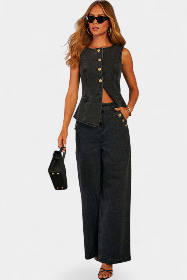 Ludovica Ensemble en Denim avec Gilet Ajusté et Jeans à Jambes Larges