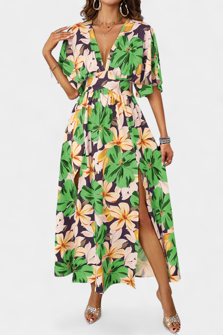 Robe Julie Longue avec Imprimé Floral et Décolleté Croisé