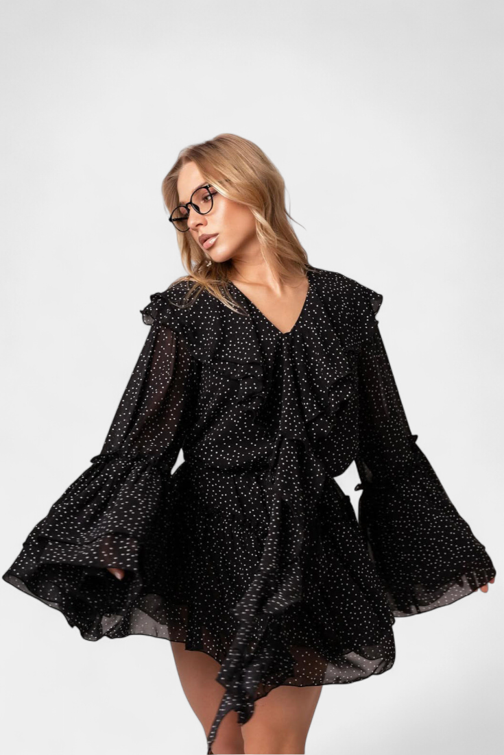 Alida Robe Mini en Chiffon à Pois avec Décolleté Volanté