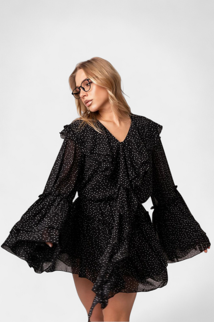 Alida Robe Mini en Chiffon à Pois avec Décolleté Volanté