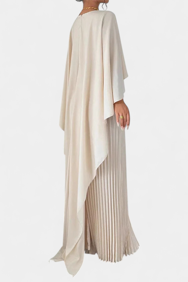 Robe Maxi Jane à Col Haut avec Plis et Manches Volantes