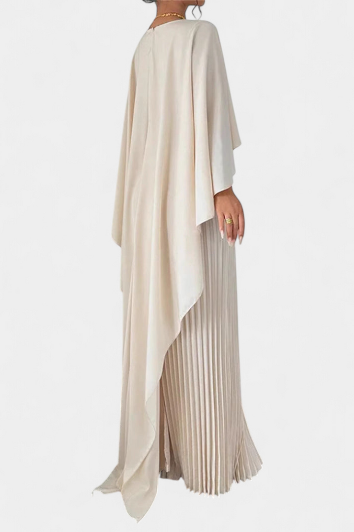 Robe Maxi Jane à Col Haut avec Plis et Manches Volantes