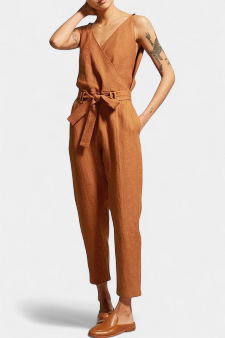 Maggie Mono Sans Manches avec Décolleté en V et Ceinture Croisée en Coton