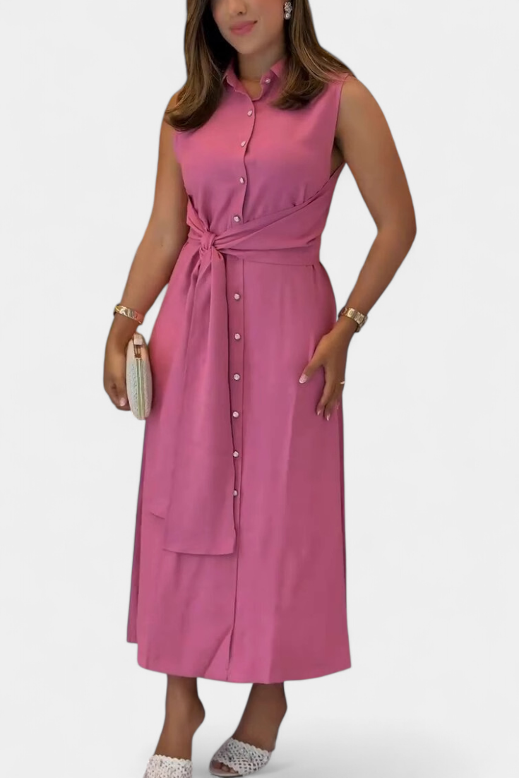 Behnaz Robe Élégante Sans Manches avec Ceinture et Col Chemise
