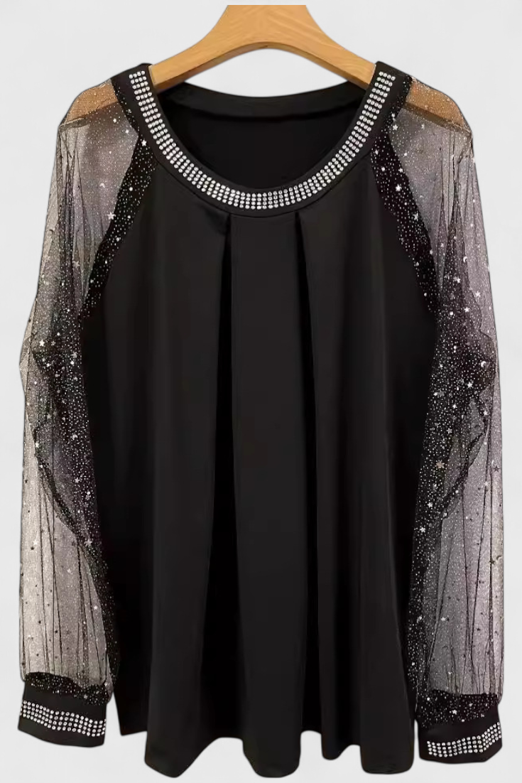 Blouse Flor Élégante avec Manches en Tulle et Accents de Strass