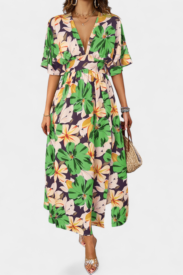 Robe Julie Longue avec Imprimé Floral et Décolleté Croisé
