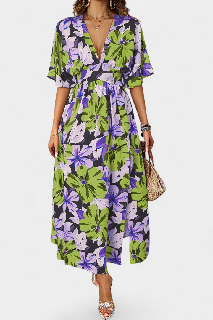 Robe Julie Longue avec Imprimé Floral et Décolleté Croisé