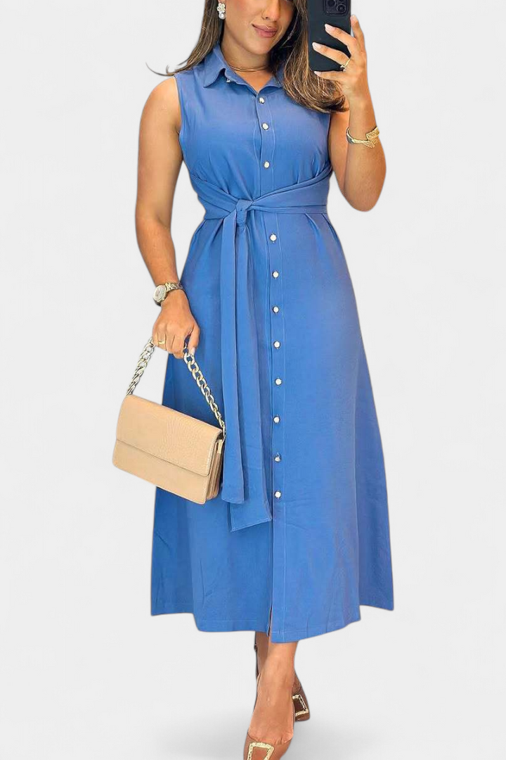 Behnaz Robe Élégante Sans Manches avec Ceinture et Col Chemise