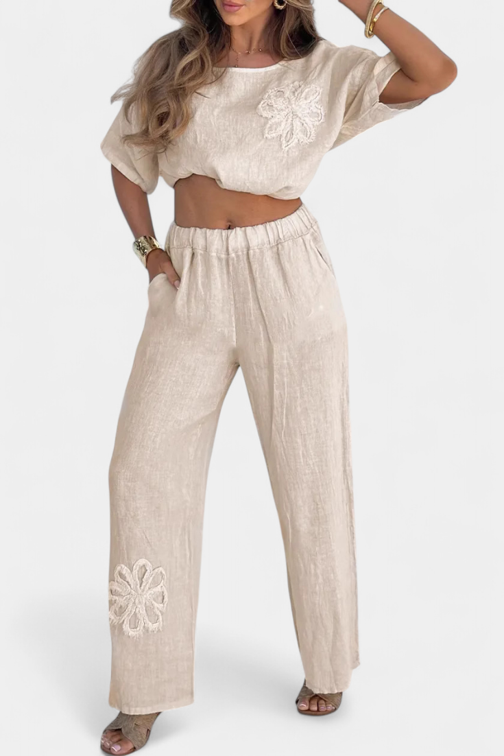 Ensemble Natalia en Lin Brodé avec Silhouette Décontractée