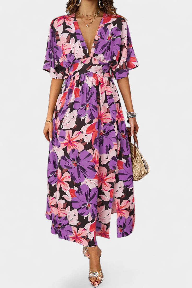 Robe Julie Longue avec Imprimé Floral et Décolleté Croisé
