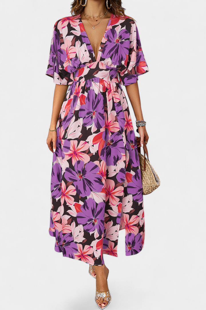 Robe Julie Longue avec Imprimé Floral et Décolleté Croisé