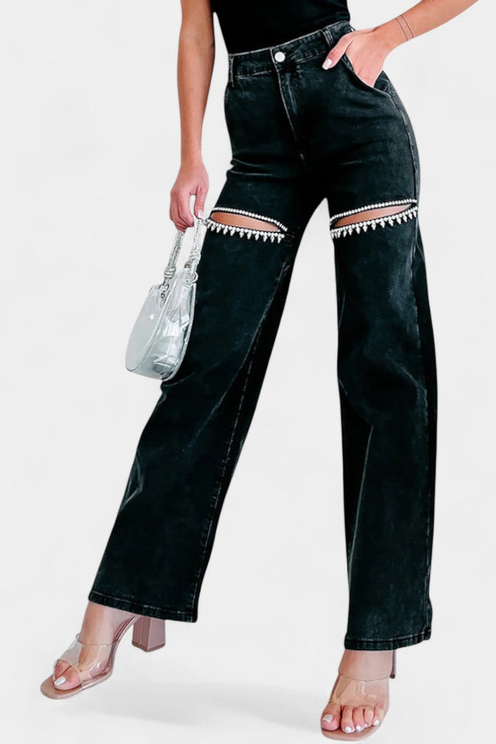 Jeans Evian Délavés Jambe Droite avec Strass