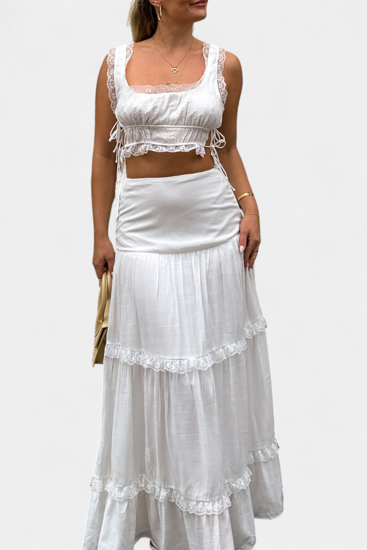 Ilys Ensemble Romantique de Top en Dentelle et Jupe Longue Volumineuse
